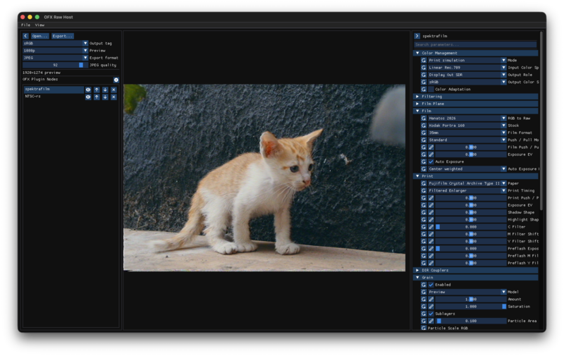 OFX Raw Host with a photo and a chain of OFX plugin nodes